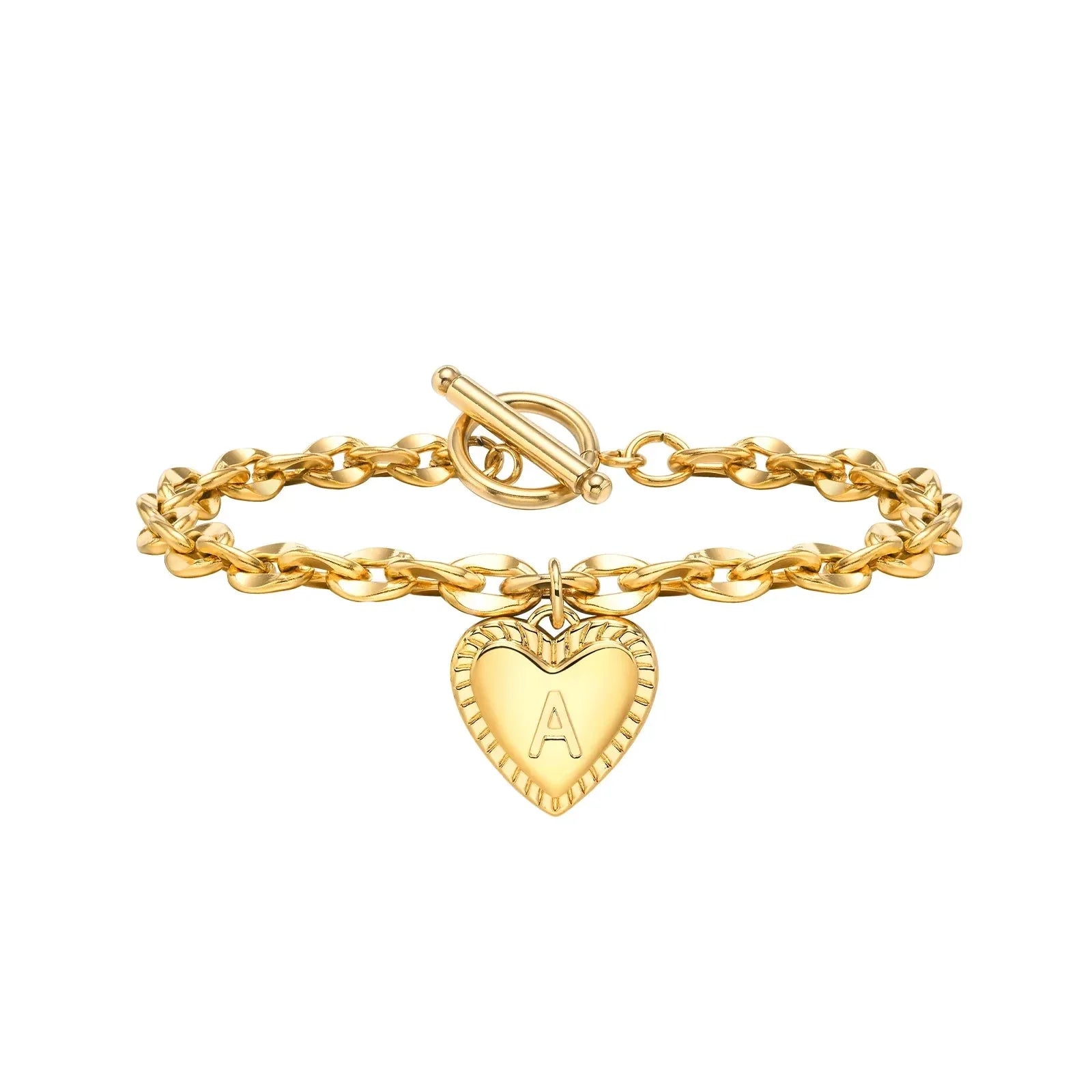 14k Dainty Heart Engraved Letter Initial Bracelet - Aryomi