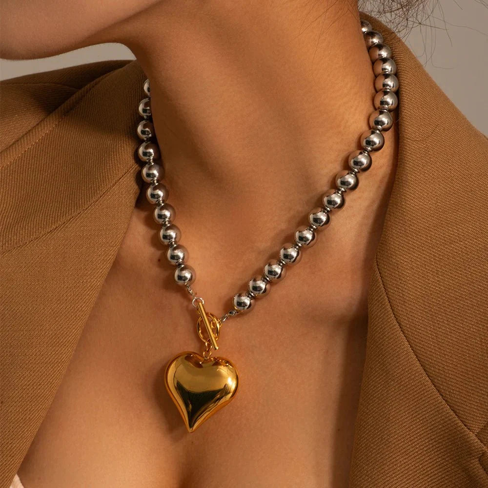 18k Chunky Silver & Gold Heart Necklace - Aryomi