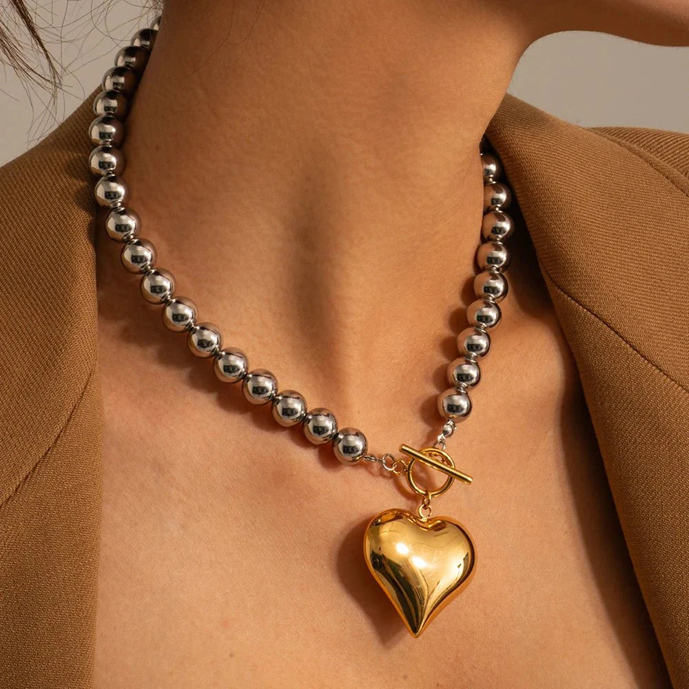 18k Chunky Silver & Gold Heart Necklace - Aryomi