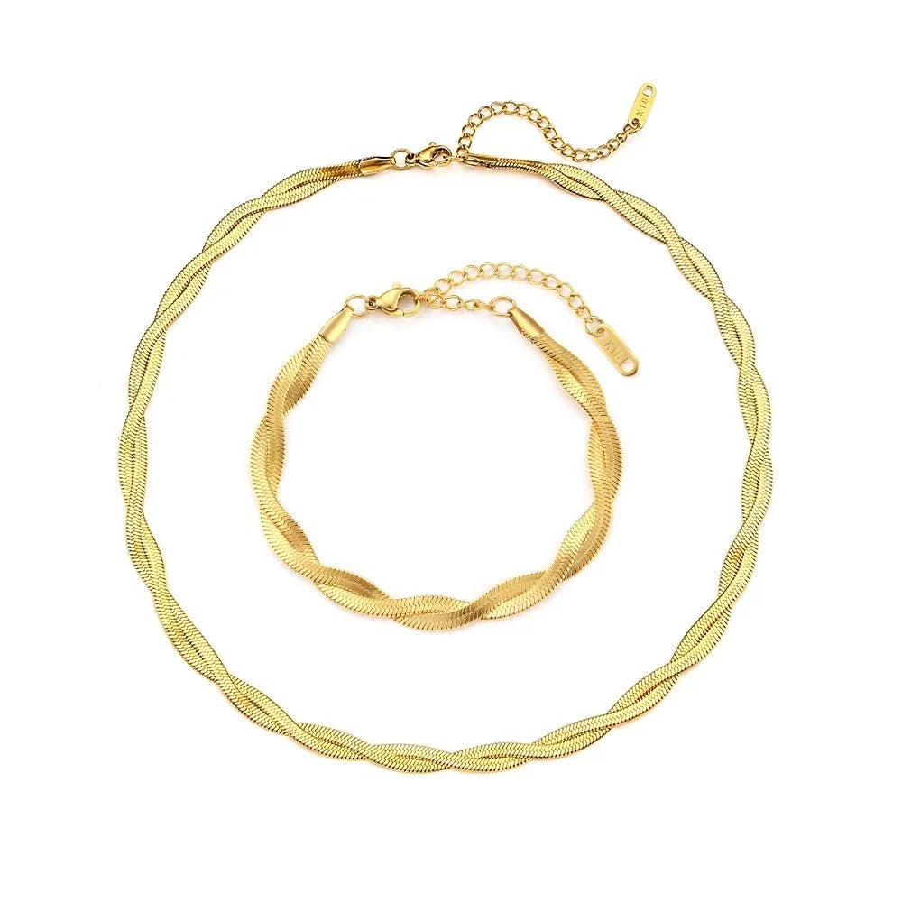 18k Interwoven Herringbone Chain Necklace and Bracelet Set - Aryomi