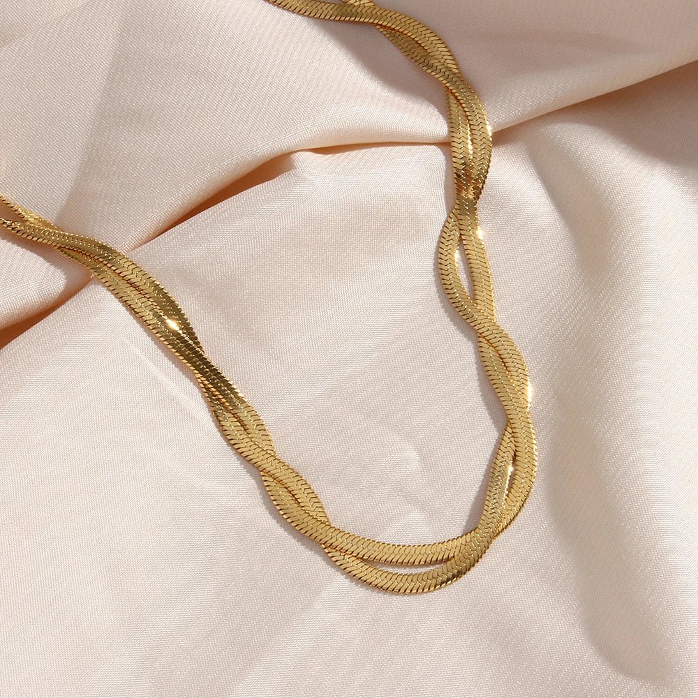 18k Interwoven Herringbone Chain Necklace and Bracelet Set - Aryomi