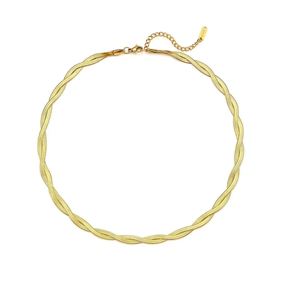18k Interwoven Herringbone Chain Necklace and Bracelet Set - Aryomi