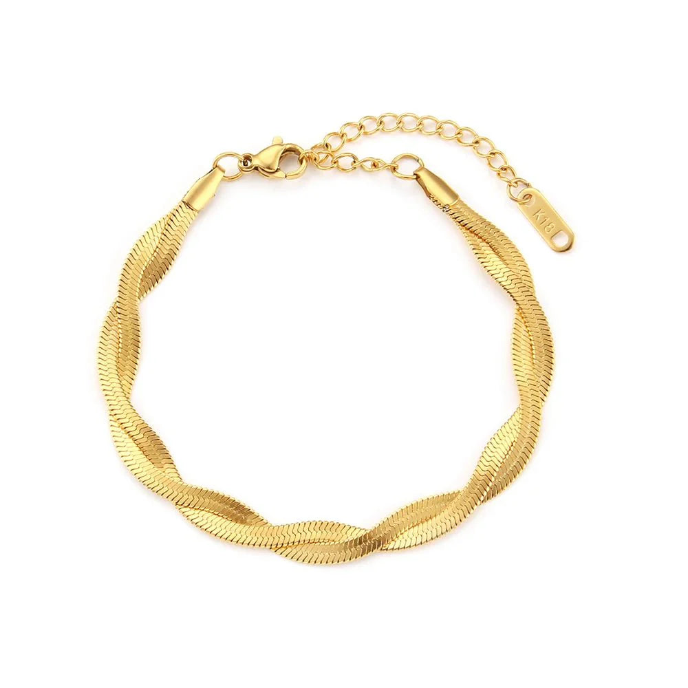 18k Interwoven Herringbone Chain Necklace and Bracelet Set - Aryomi