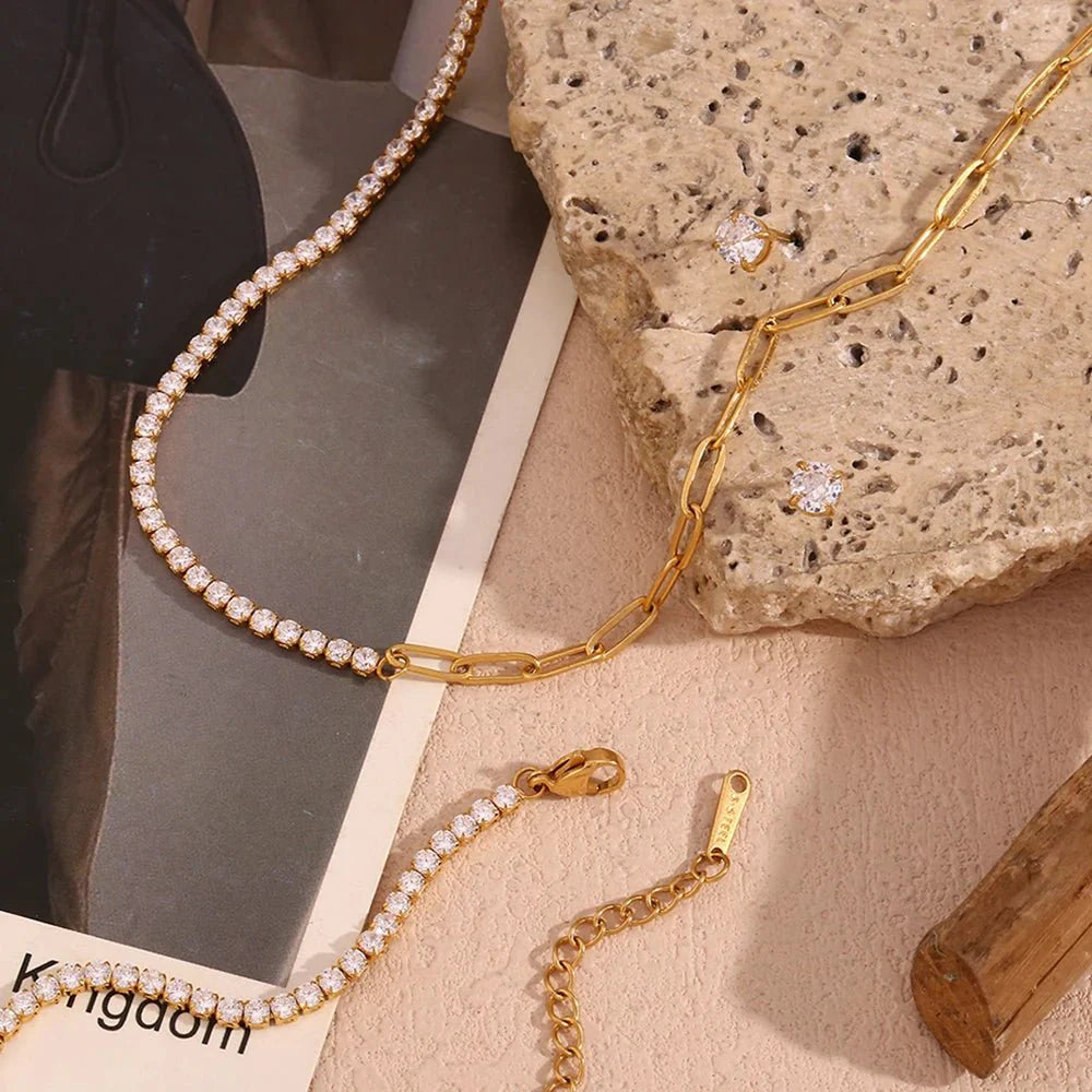 18k Paperclip Chain Tennis Necklace, Bracelet, and Earrings - Aryomi