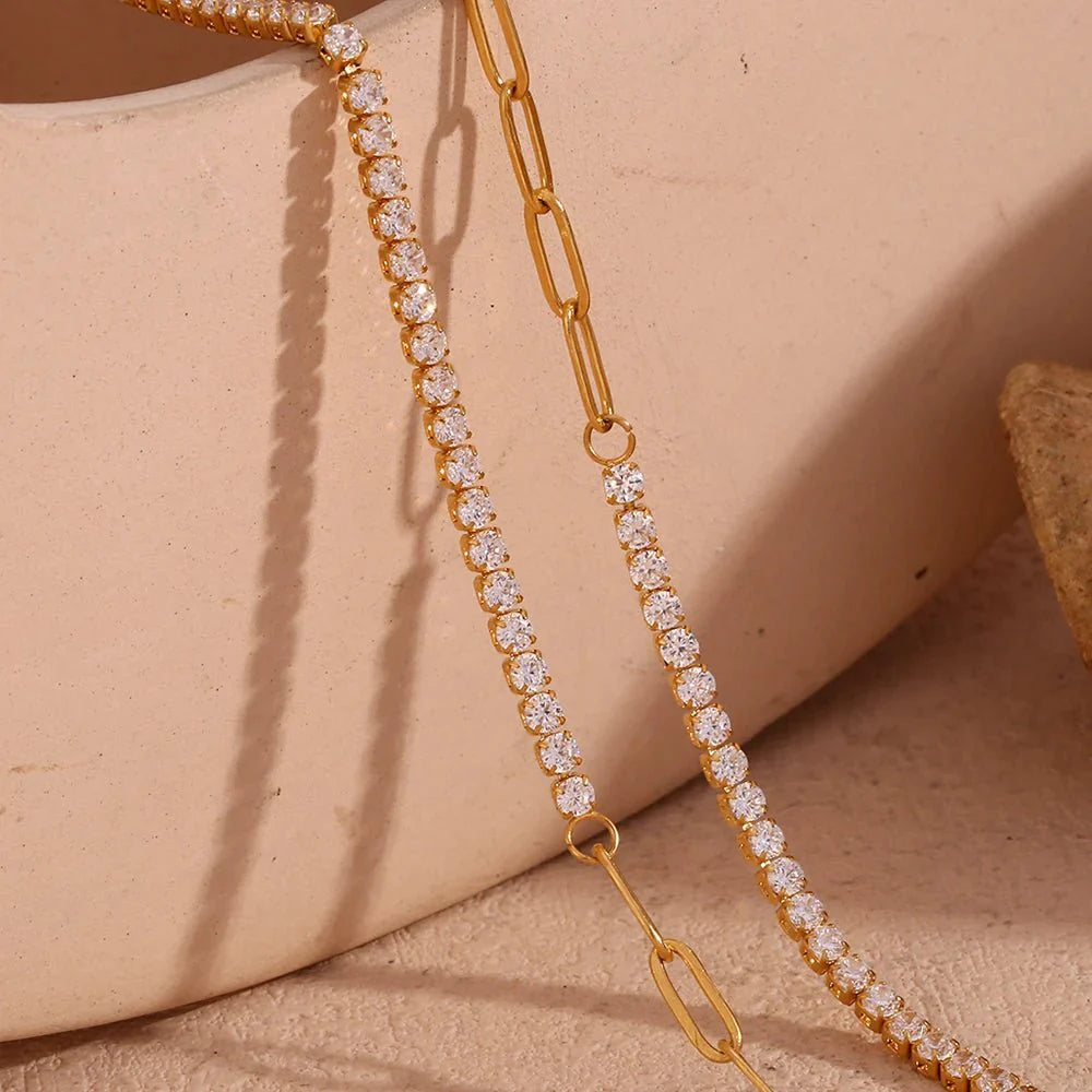 18k Paperclip Chain Tennis Necklace, Bracelet, and Earrings - Aryomi
