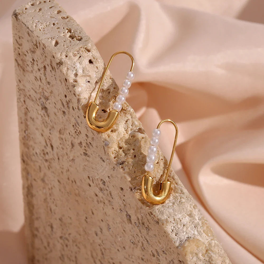 18k Pearl Accented Safety Pin Earrings