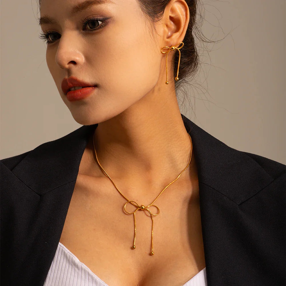 18k Dainty Feminine Chain Bow Earrings