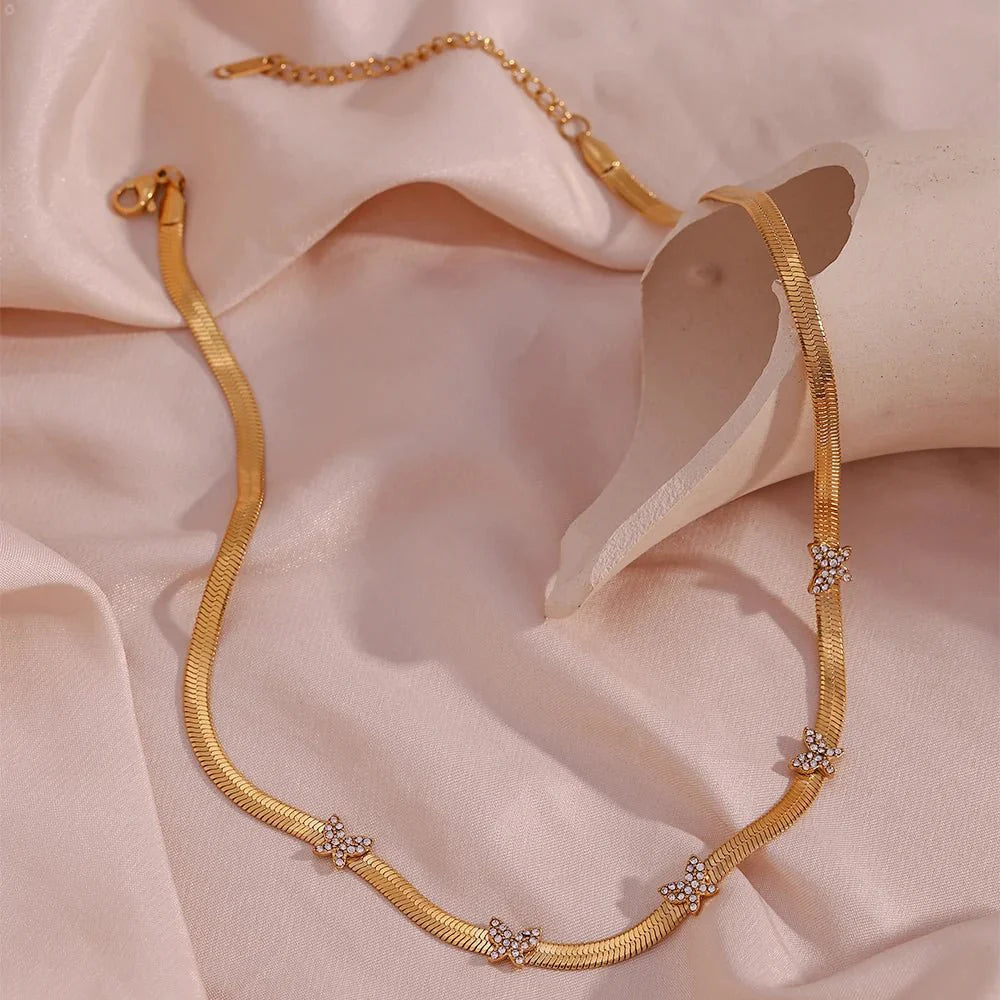 Dainty Diamond Butterfly Herringbone Necklace - Aryomi