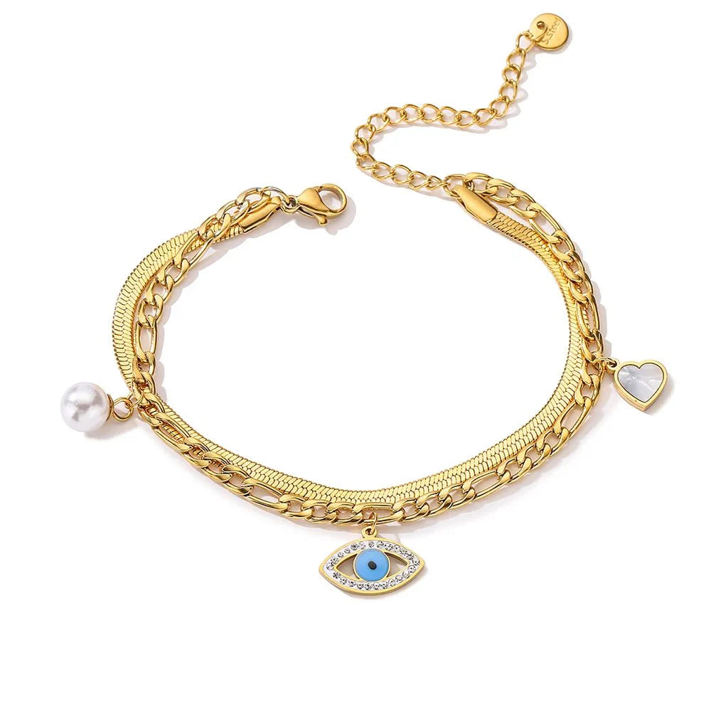 Dainty Evil Eye Herringbone & Figaro Chain Bracelet - Aryomi
