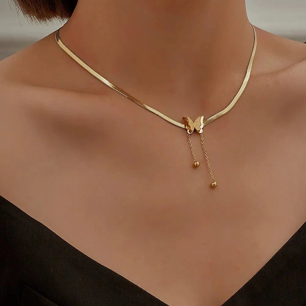 Dainty Herringbone Butterfly Dangle Necklace - Aryomi