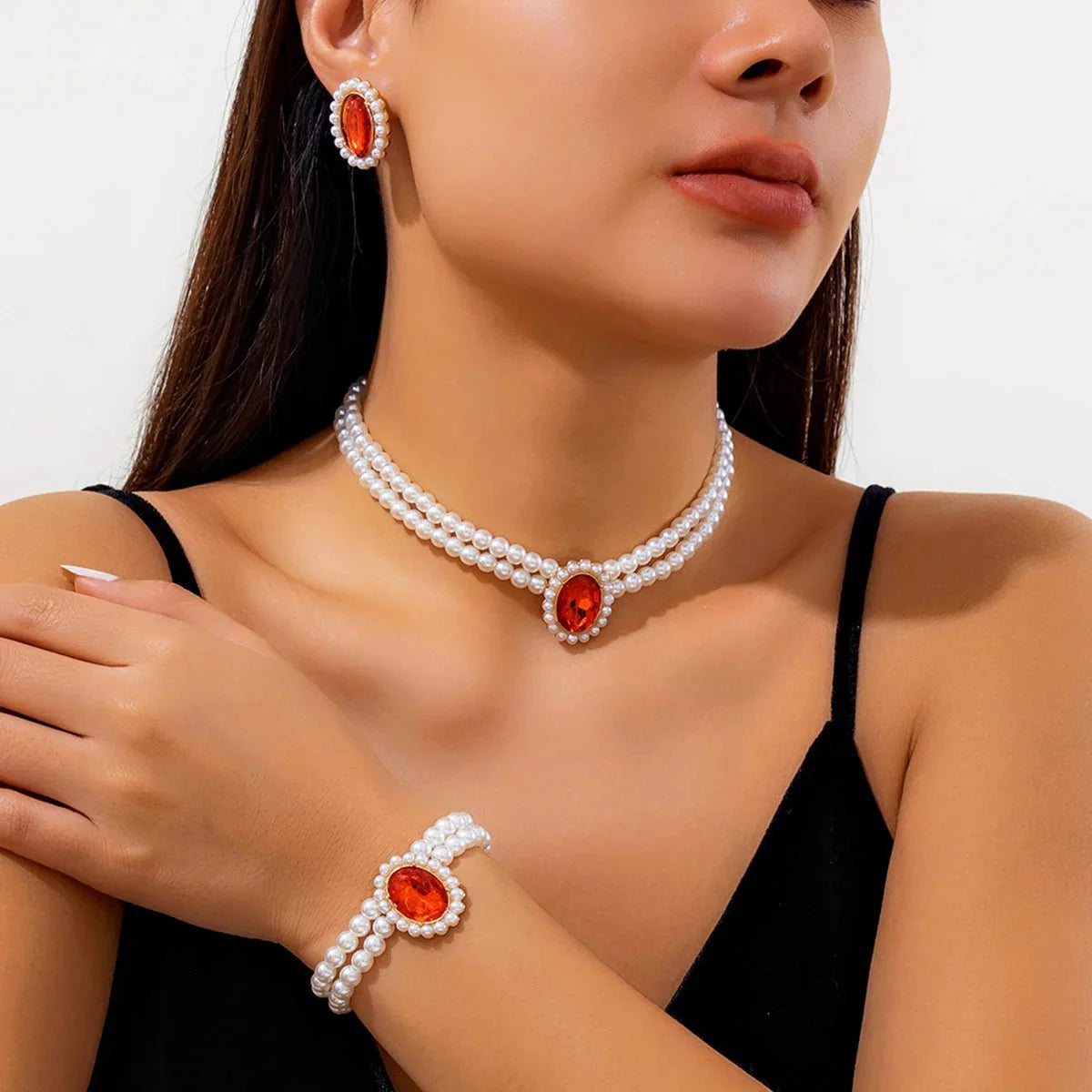 Elegant Oval Diamond Pearl Necklace, Bracelet, Earrings Set - Aryomi