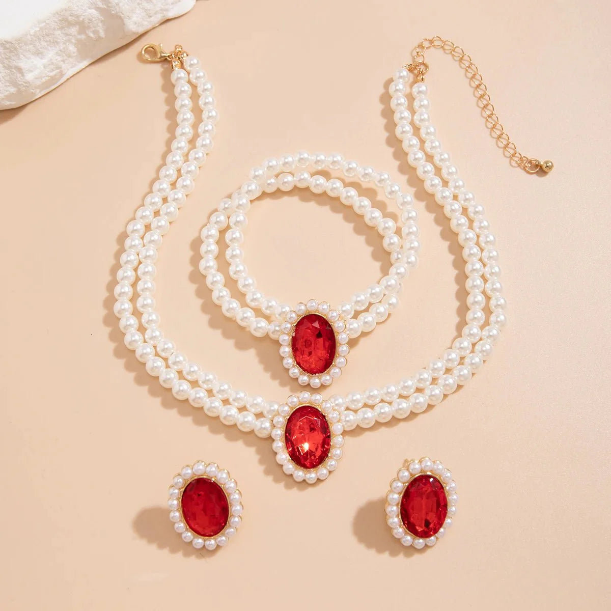 Elegant Oval Diamond Pearl Necklace, Bracelet, Earrings Set - Aryomi