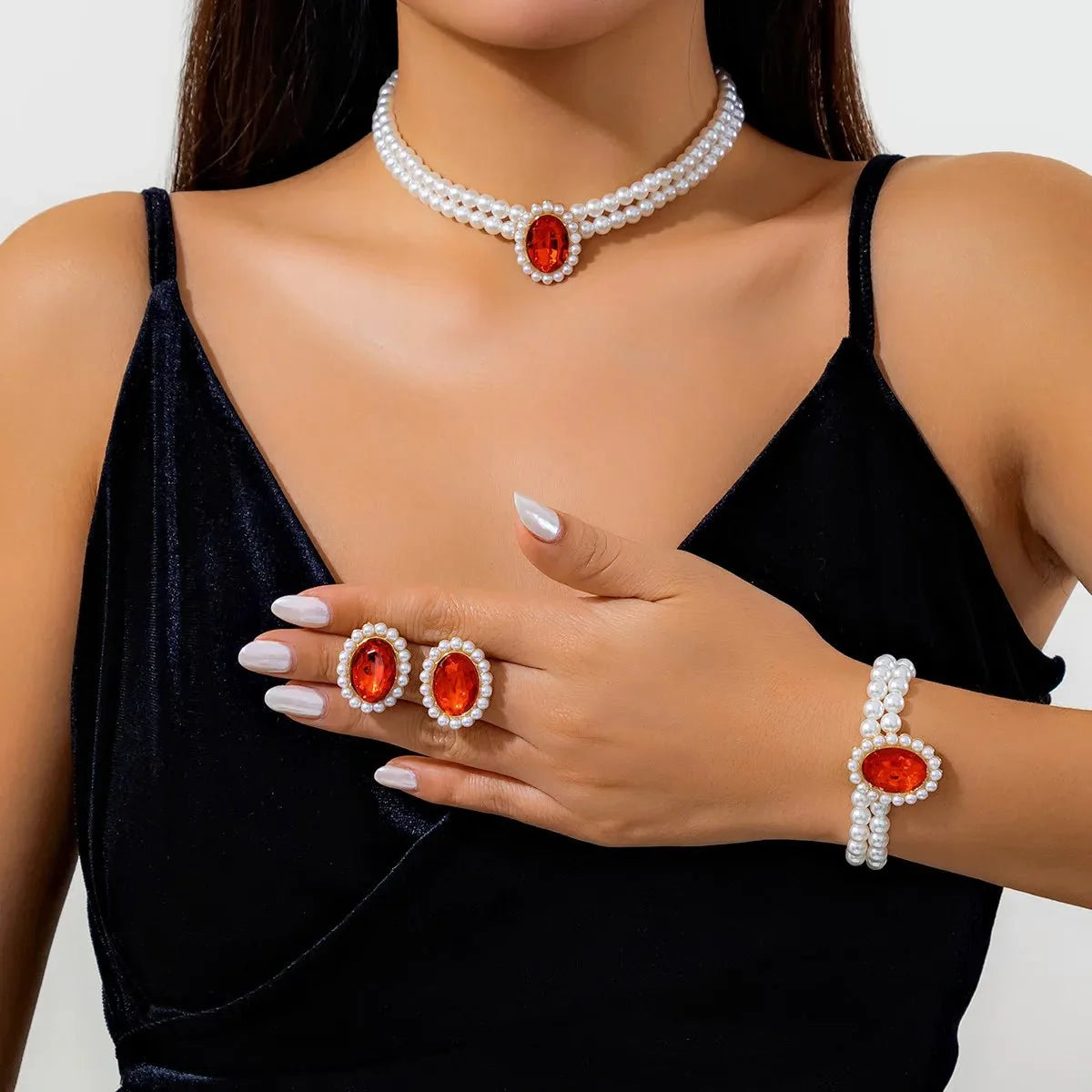 Elegant Oval Diamond Pearl Necklace, Bracelet, Earrings Set - Aryomi