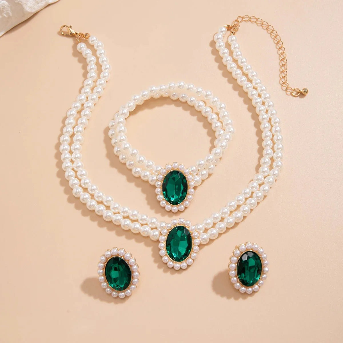 Elegant Oval Diamond Pearl Necklace, Bracelet, Earrings Set - Aryomi
