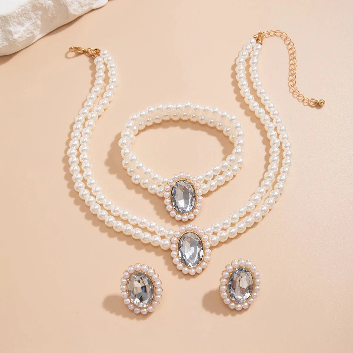 Elegant Oval Diamond Pearl Necklace, Bracelet, Earrings Set - Aryomi