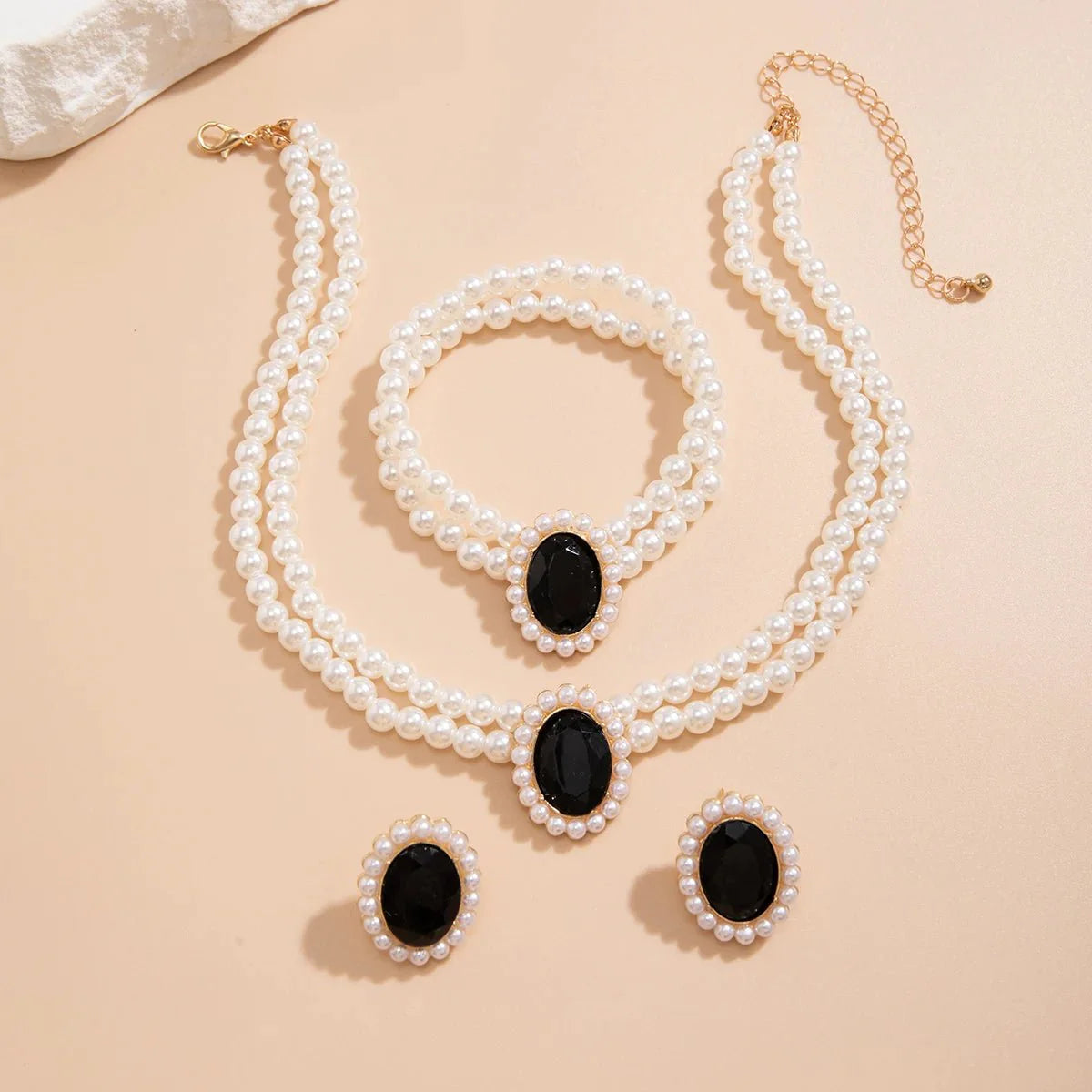 Elegant Oval Diamond Pearl Necklace, Bracelet, Earrings Set - Aryomi