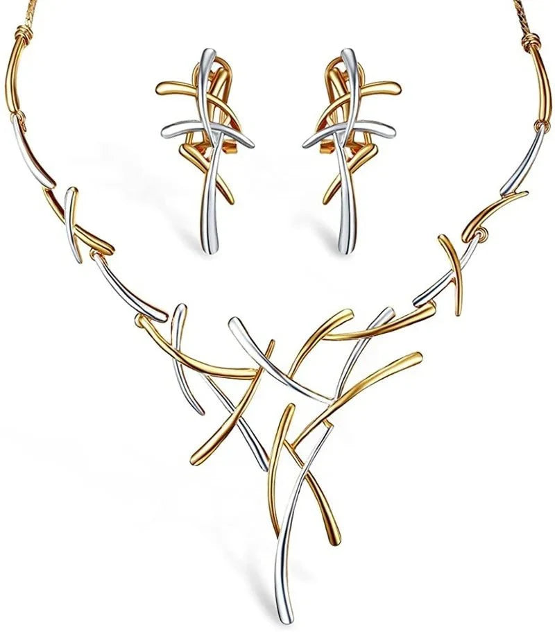 Elegant Two - Tone Branch Cross Necklace and Earring Set - Aryomi