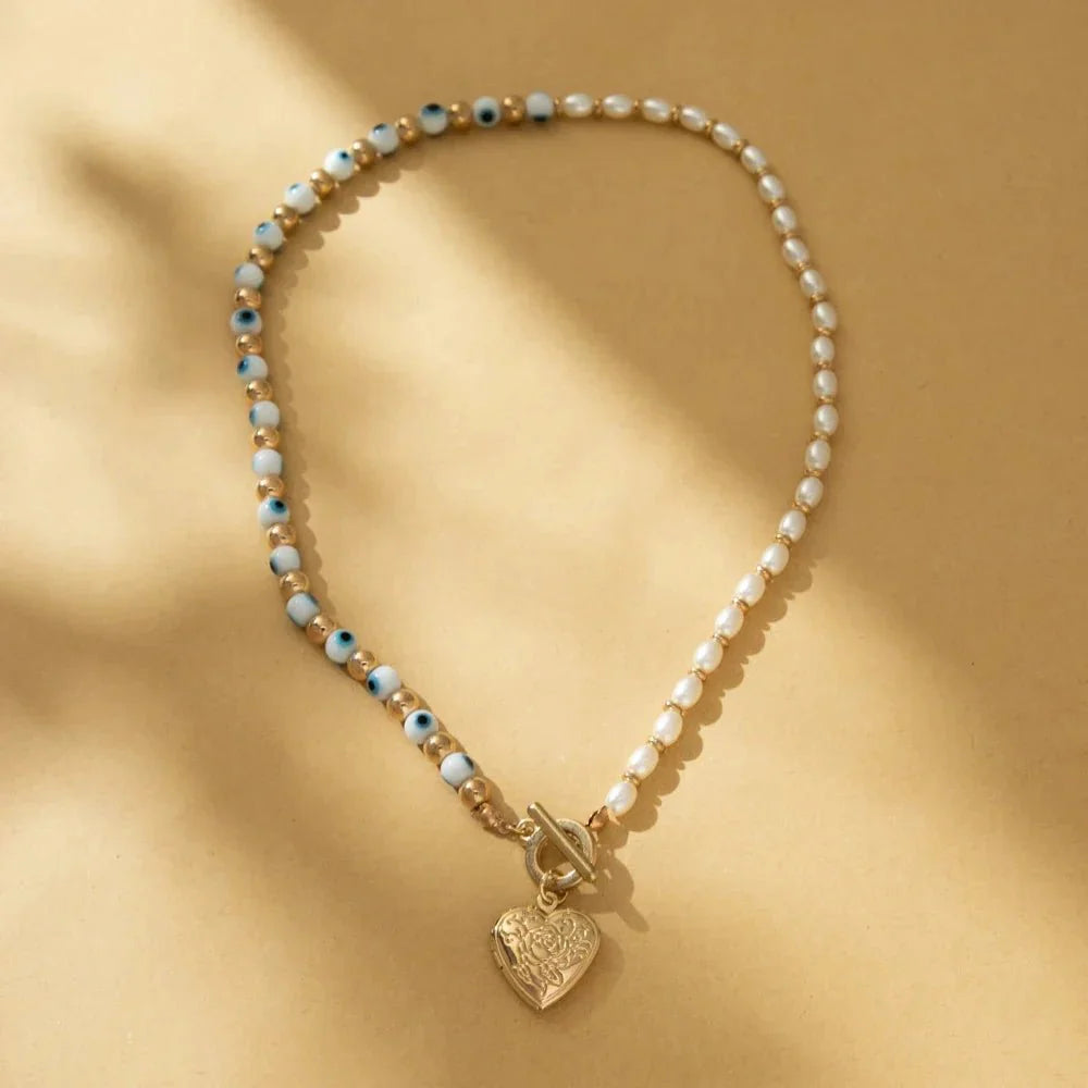 Evil Eye Pearl Heart Locket Necklace - Aryomi