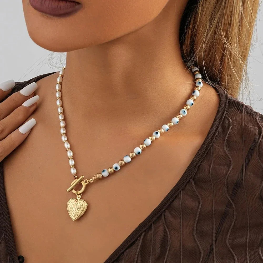 Evil Eye Pearl Heart Locket Necklace - Aryomi