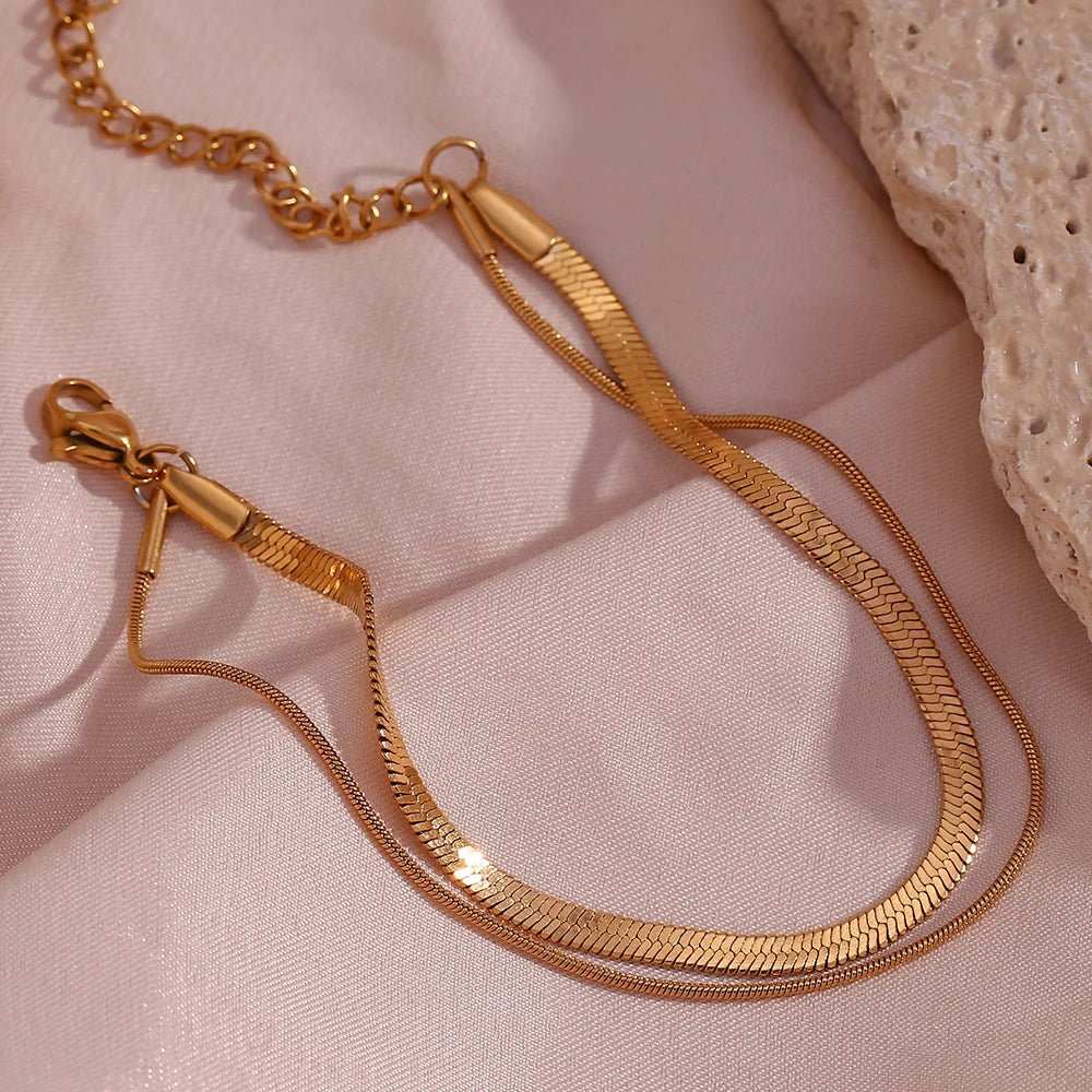 Minimal Herringbone & Dainty Snake Chain Layered Bracelet - Aryomi