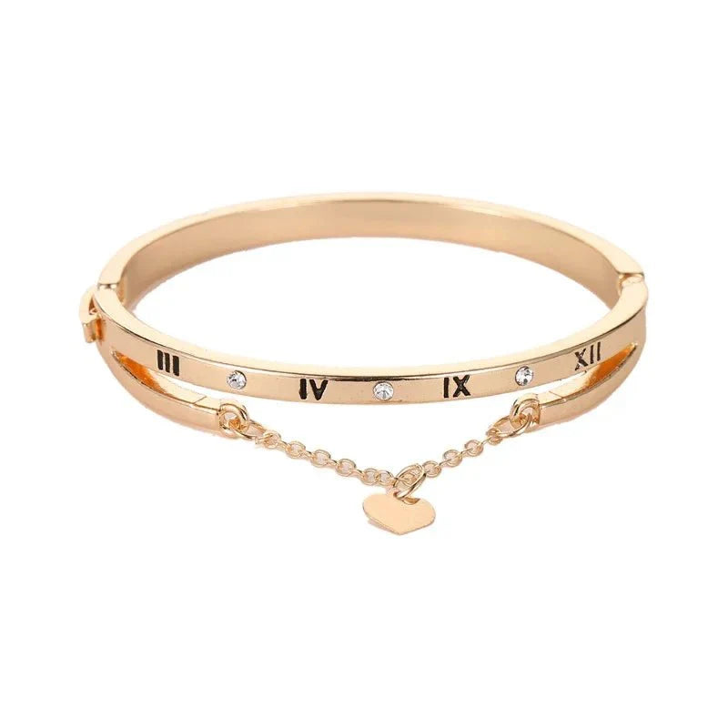 Roman Numeral Heart Dangle Cuff Bracelet - Aryomi