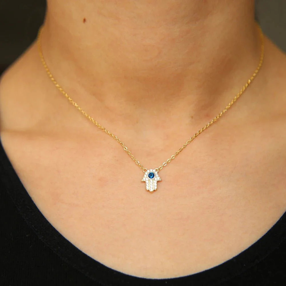 S925 Dainty Hamsa Hand Diamond Pendant Necklace - Aryomi
