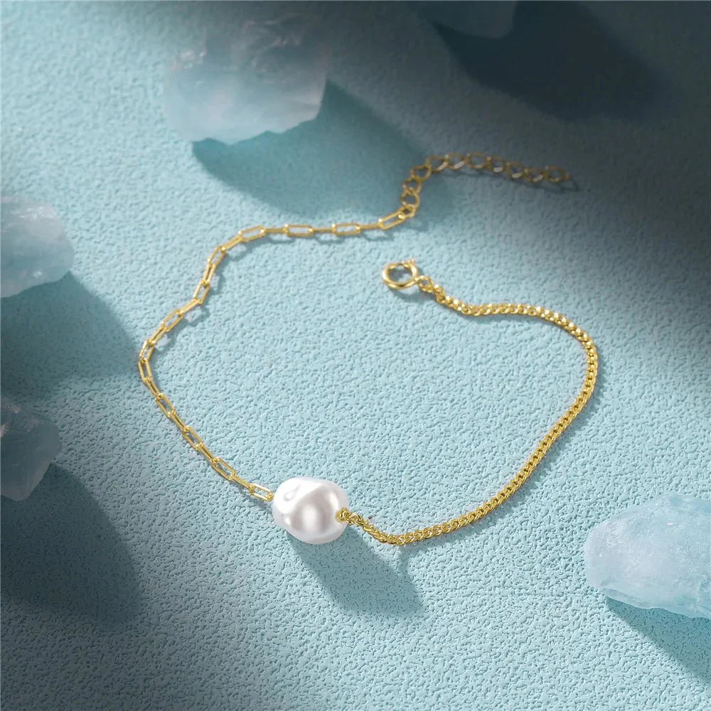 S925 Pearl Dainty Paperclip and Cuban Chain Bracelet - Aryomi