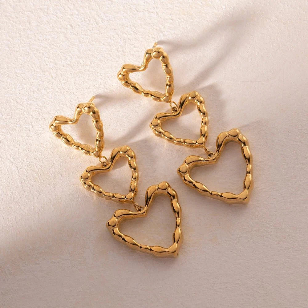 Triple Outlined Hearts Drop Earrings - Aryomi