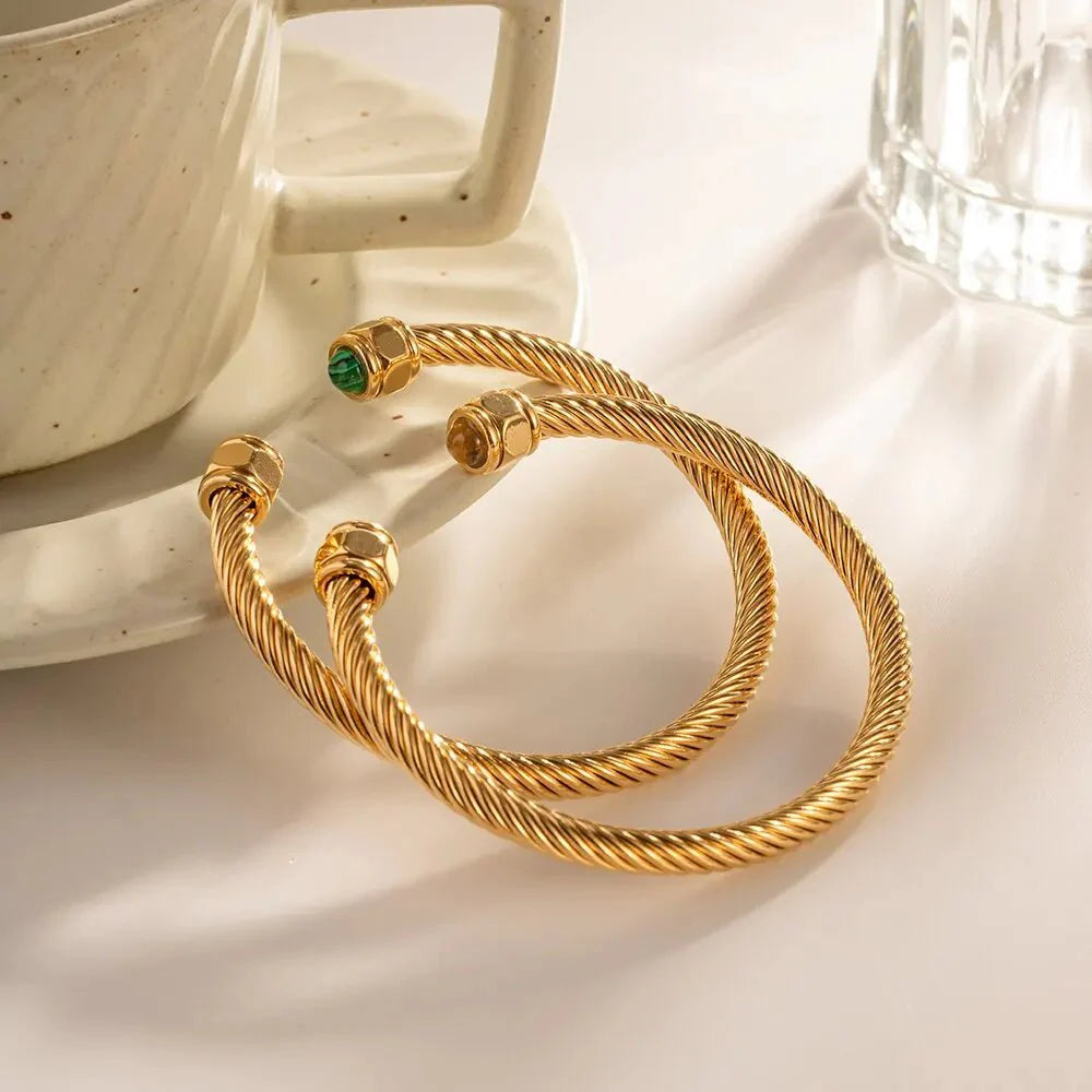 Twisted Gem Stone Ends Bangle Bracelet - Aryomi