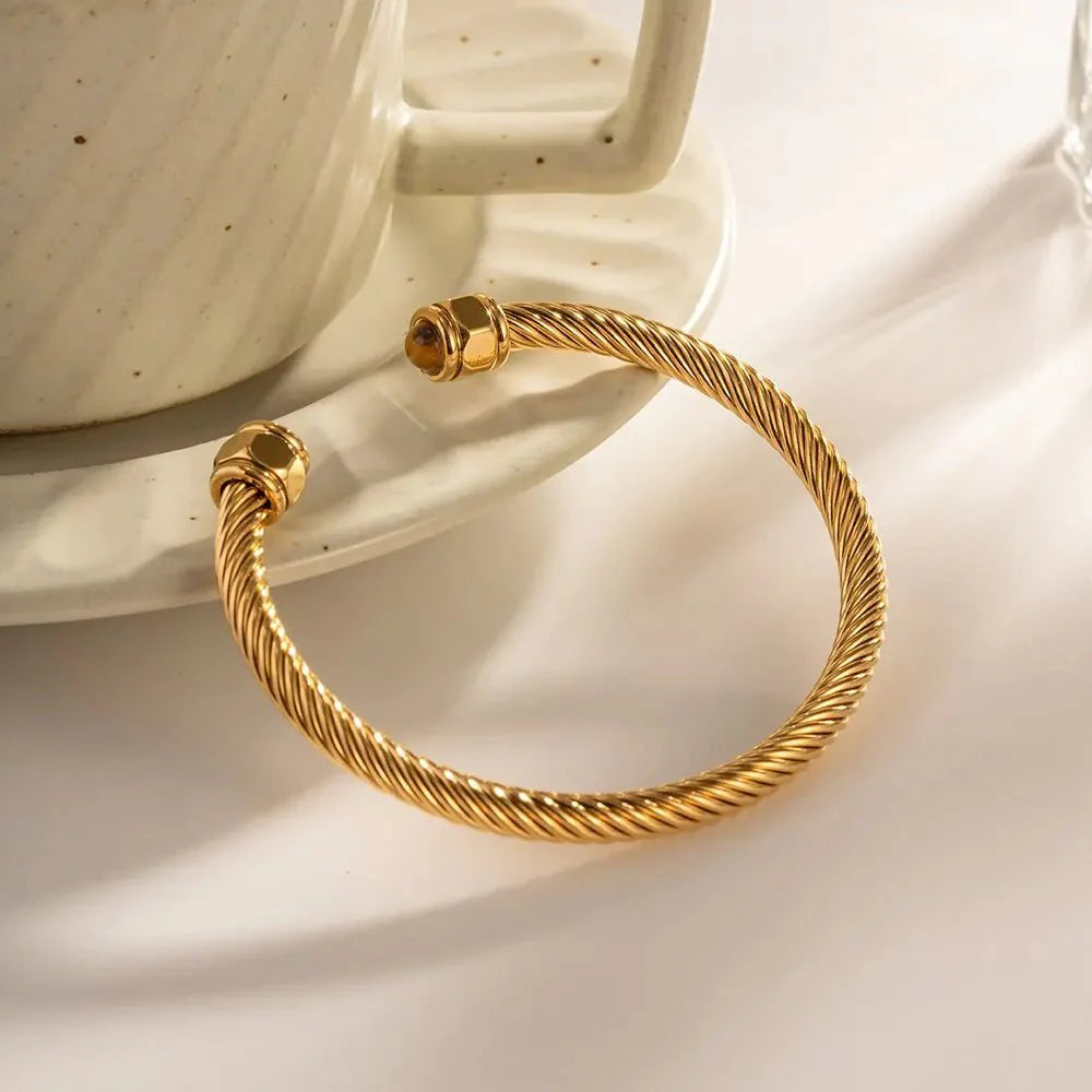 Twisted Gem Stone Ends Bangle Bracelet - Aryomi