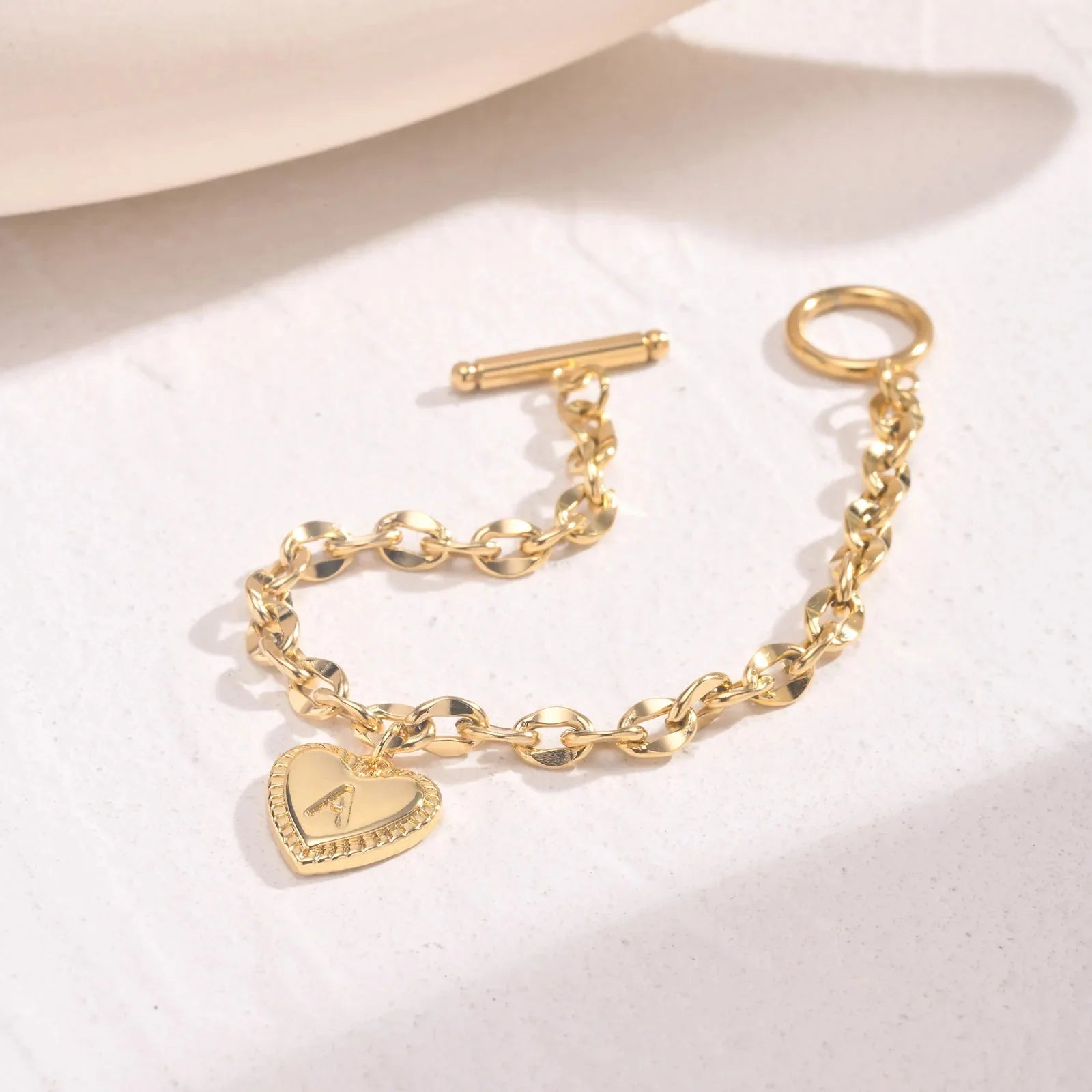 14k Dainty Heart Engraved Letter Initial Bracelet - Aryomi