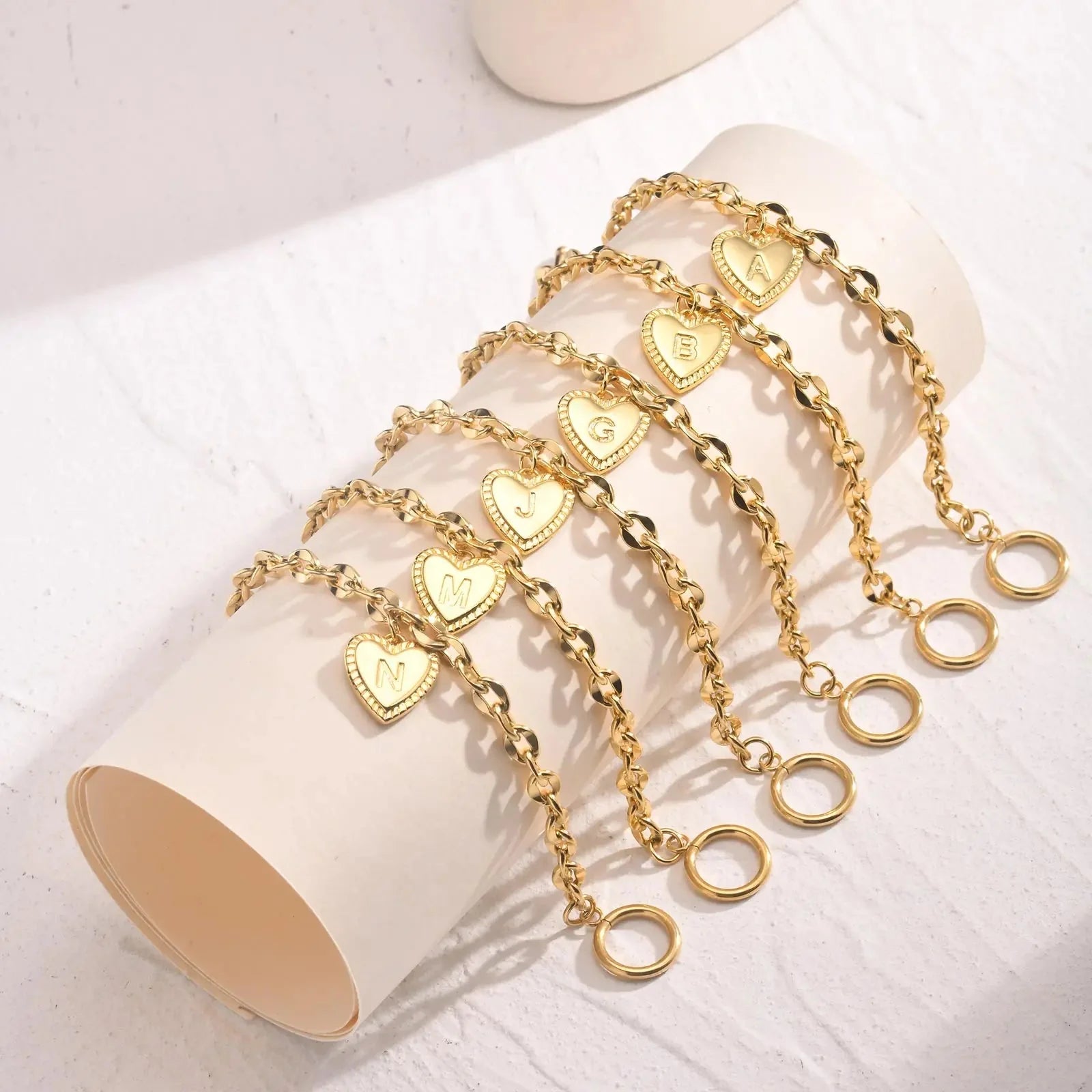 14k Dainty Heart Engraved Letter Initial Bracelet - Aryomi
