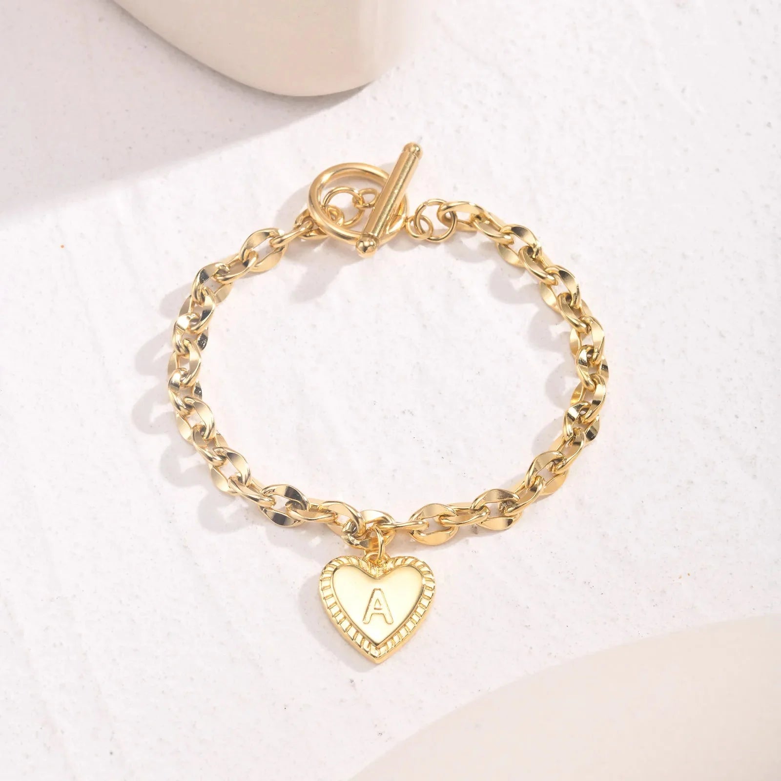 14k Dainty Heart Engraved Letter Initial Bracelet - Aryomi