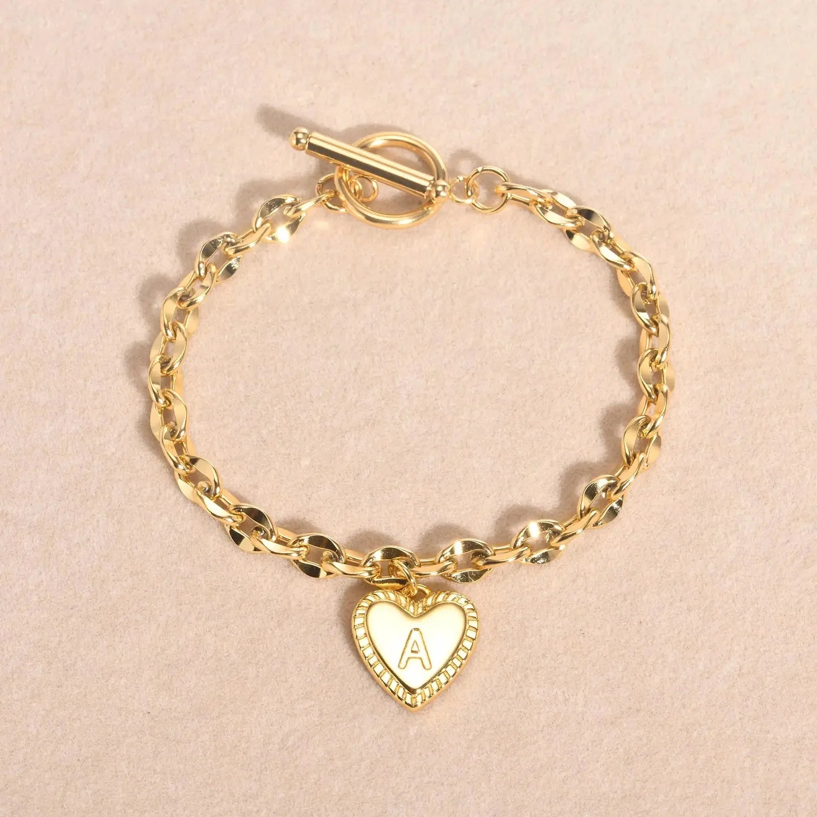 14k Dainty Heart Engraved Letter Initial Bracelet - Aryomi