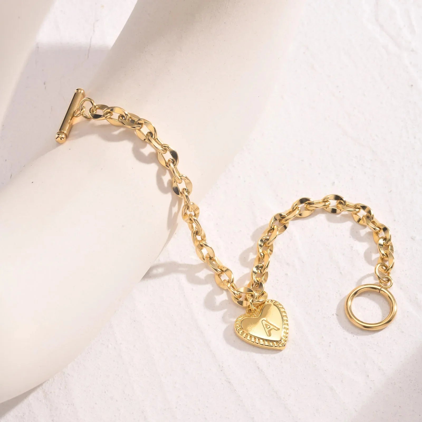 14k Dainty Heart Engraved Letter Initial Bracelet - Aryomi