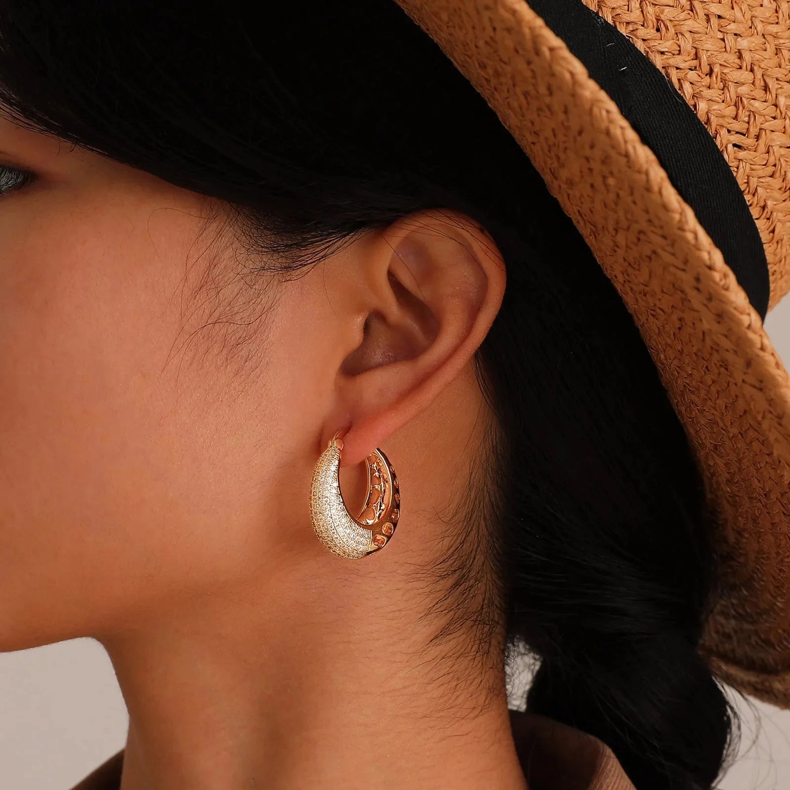 14k Intricate Half Diamond Hoop Earrings - Aryomi