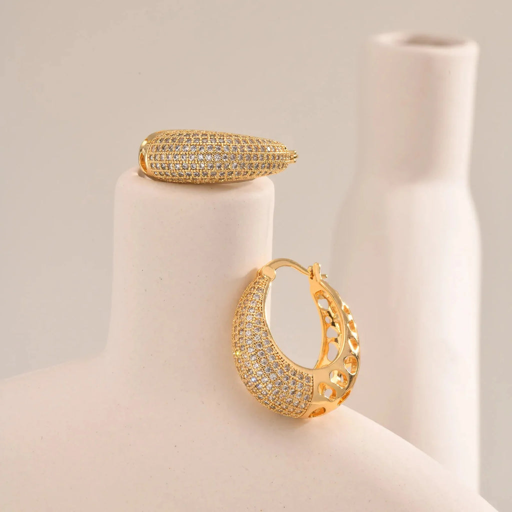 14k Intricate Half Diamond Hoop Earrings - Aryomi