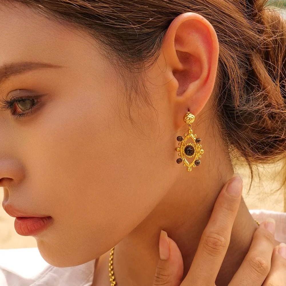 18k Boho Evil Eye Bead Accented Earrings - Aryomi