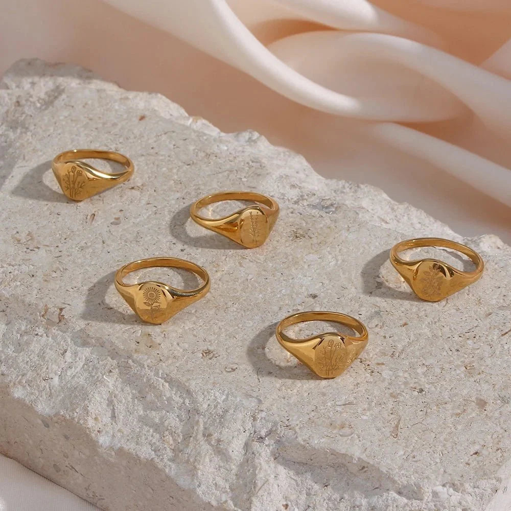 18k Dainty Floral Signet Rings - Aryomi