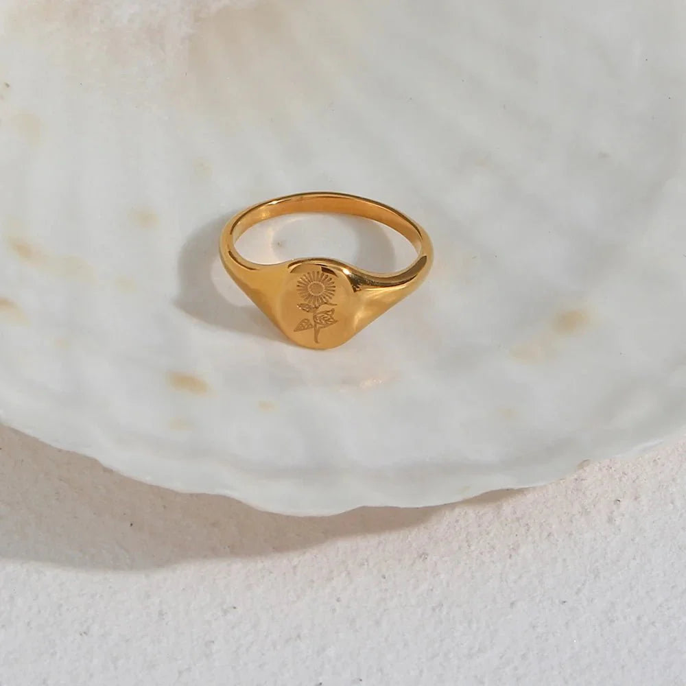 18k Dainty Floral Signet Rings - Aryomi