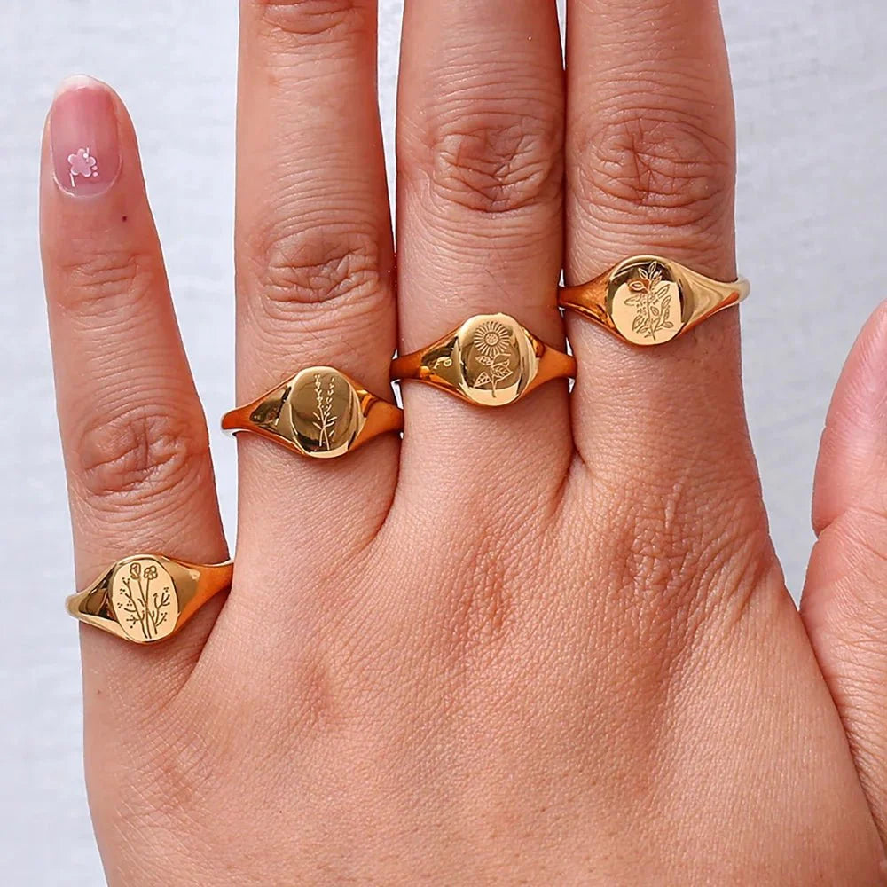 18k Dainty Floral Signet Rings - Aryomi