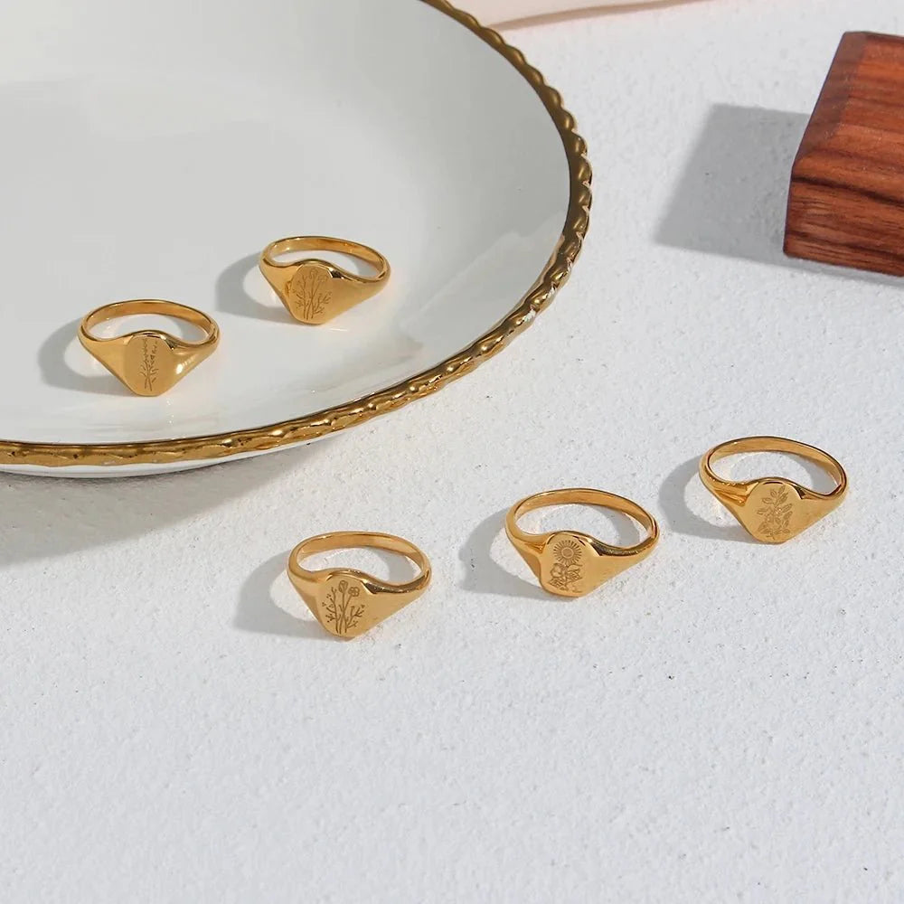 18k Dainty Floral Signet Rings - Aryomi