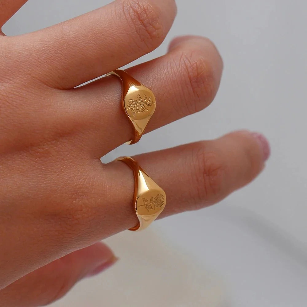18k Dainty Floral Signet Rings - Aryomi