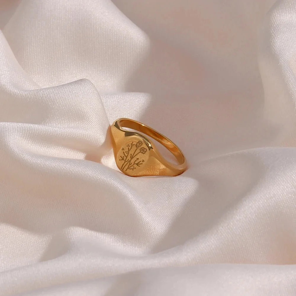 18k Dainty Floral Signet Rings - Aryomi