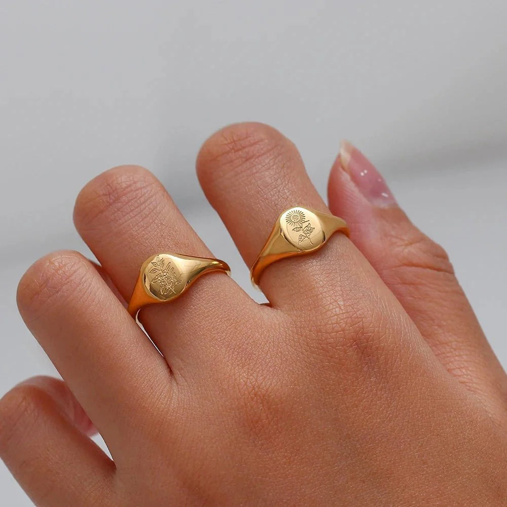 18k Dainty Floral Signet Rings - Aryomi