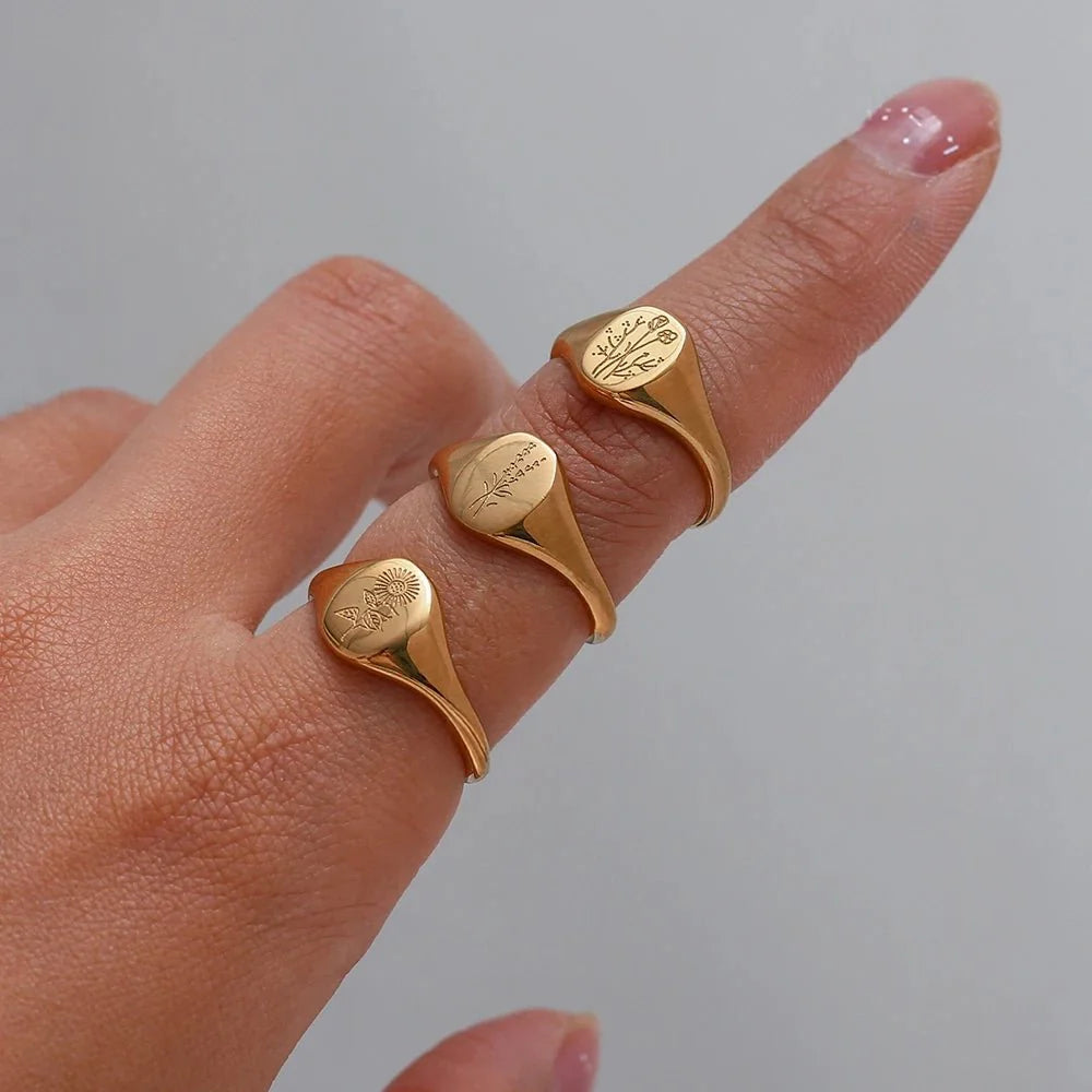 18k Dainty Floral Signet Rings - Aryomi