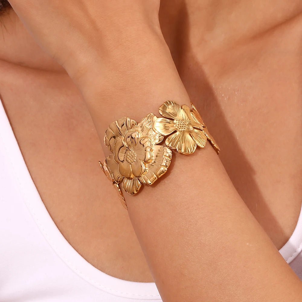 18k Floral Cuff Bangle Bracelets - Aryomi