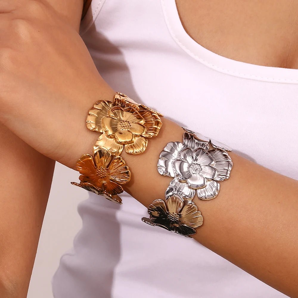 18k Floral Cuff Bangle Bracelets - Aryomi