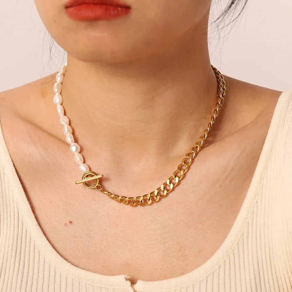 18k Gold Classic Modern Cuban Pearl Choker Necklace - Aryomi