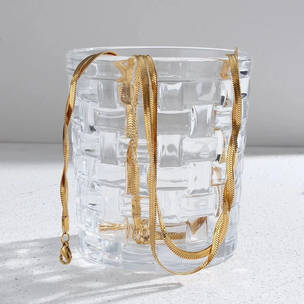 18k Interwoven Herringbone Chain Necklace and Bracelet Set - Aryomi